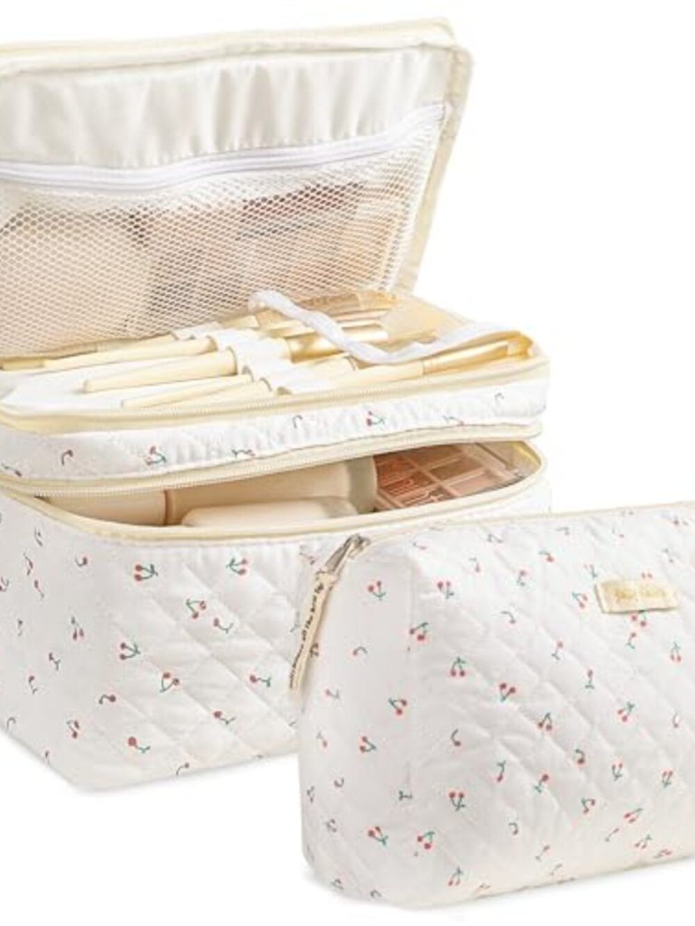 Quilted Cotton Cosmetic Bag Set 2Pcs Floral Makeup Travel